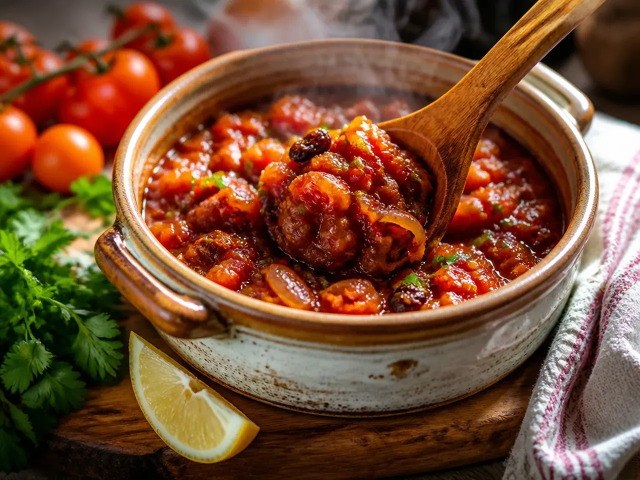 Loaded tomato chutney studded with plump raisins in a preserving jar