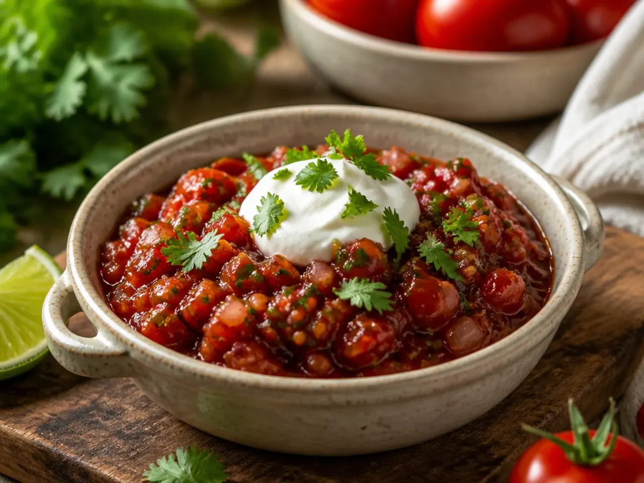 Fresh diced tomato salsa chutney in a bowl with coriander leaves on top