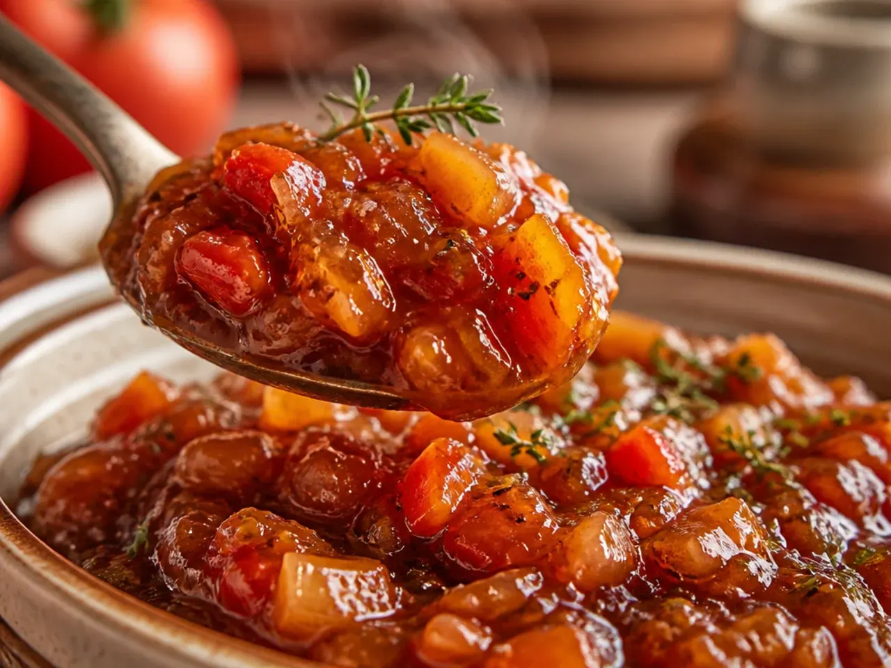 Diced pears and tomatoes with a star anise pod in a chutney pan
