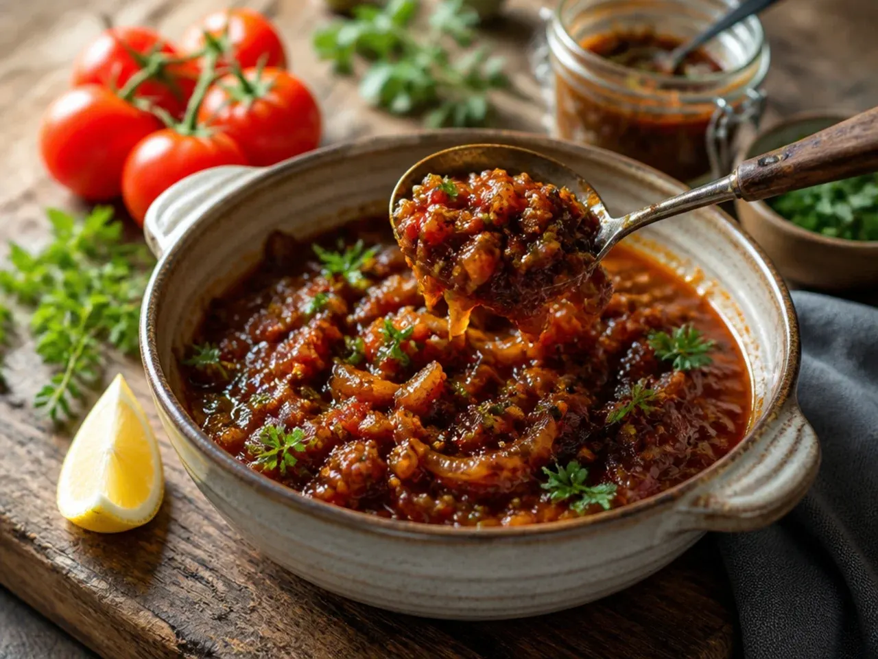 Deeply caramelised onion ribbons folded through tomato chutney