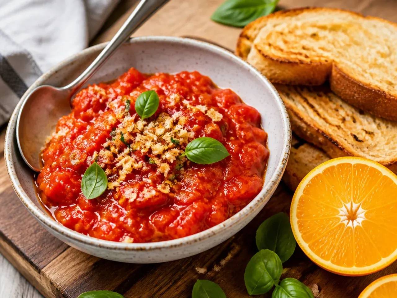 Orange zest and cinnamon stick stirred into a pan of tomato chutney