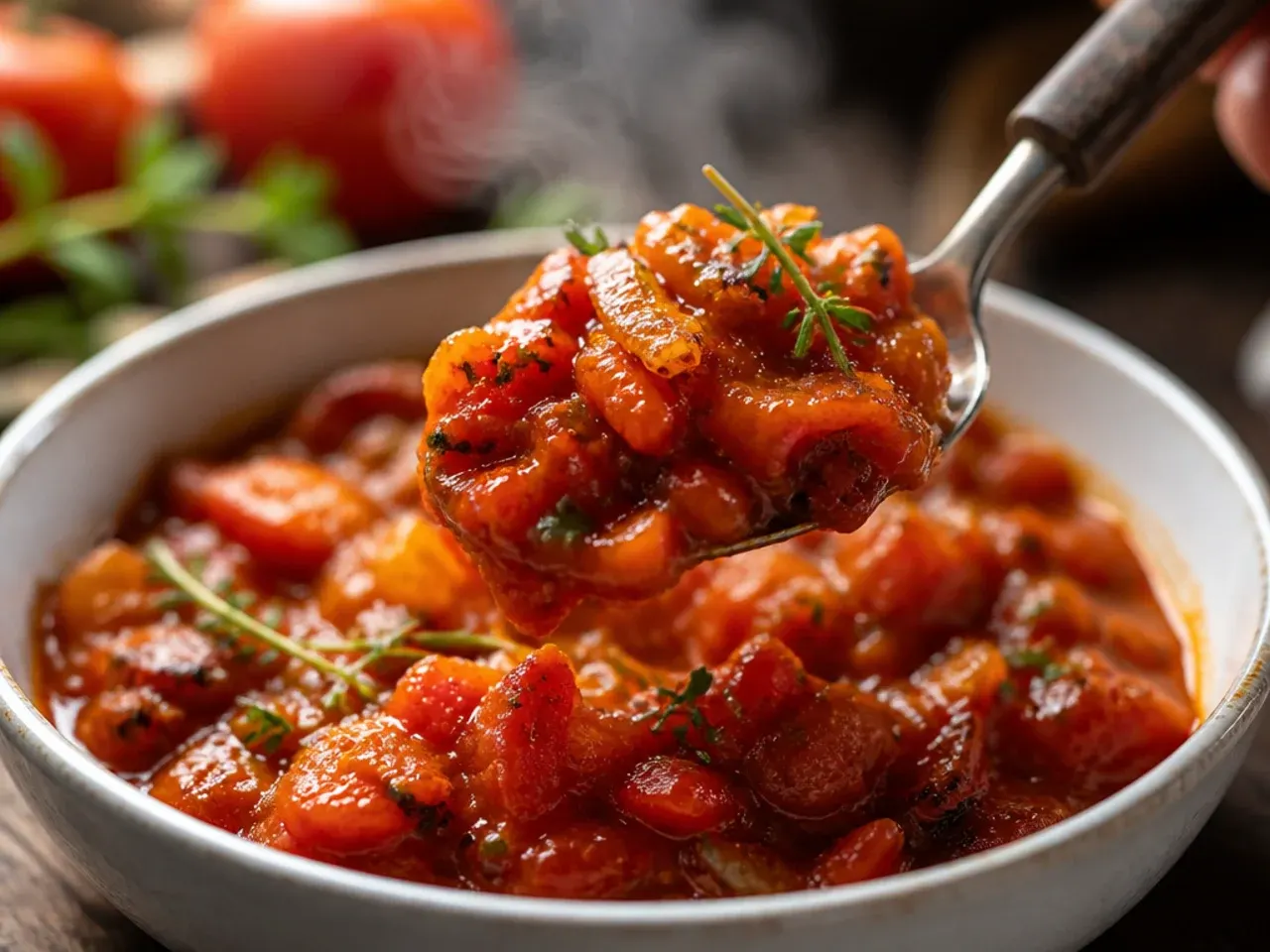 Crispy bacon lardons stirred through a rich tomato chutney