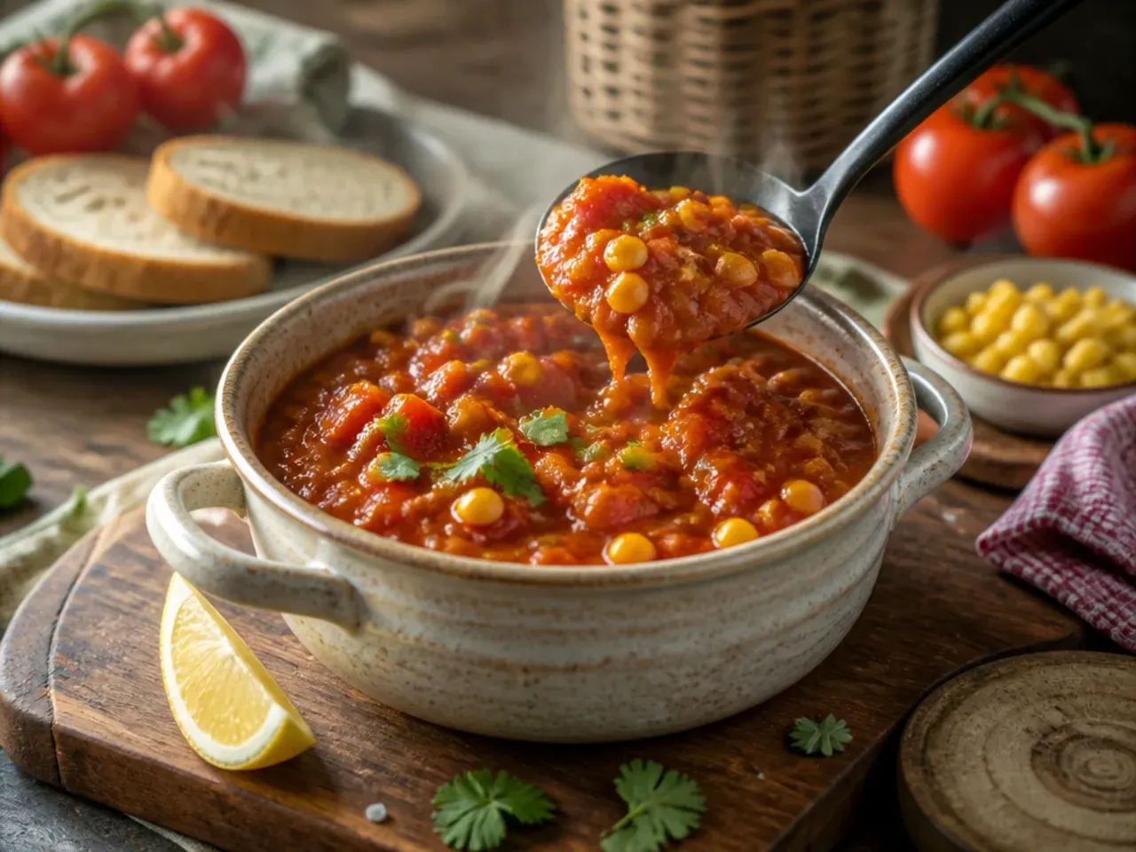 Bright sweetcorn kernels mixed through a jar of family-friendly tomato chutney