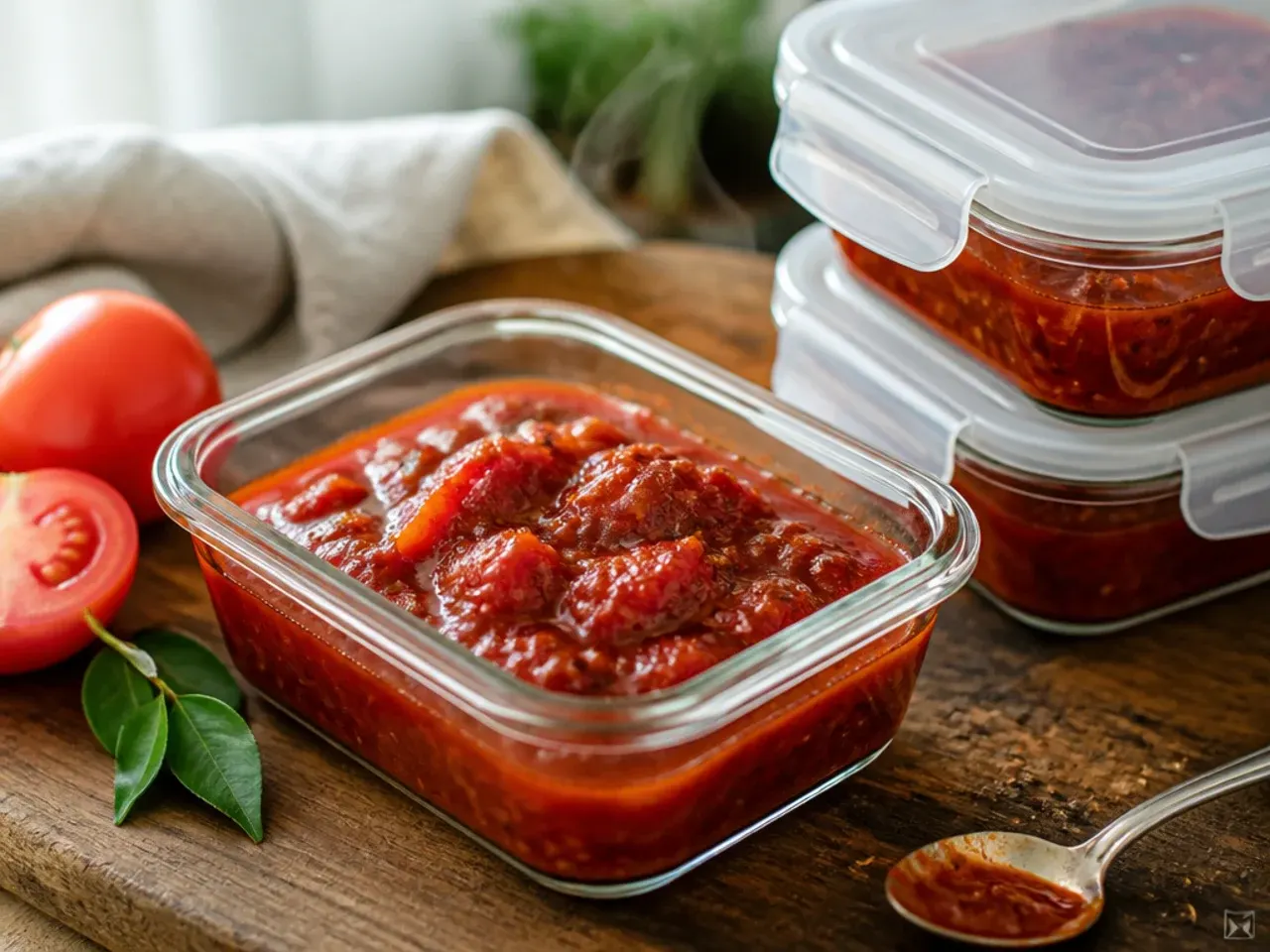 Rows of labelled tomato chutney jars stored on a pantry shelf