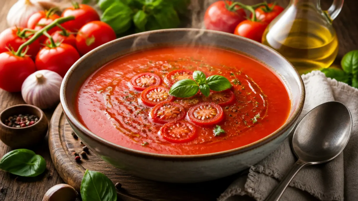 Tall glass of fresh homemade tomato juice garnished with a celery stick, surrounded by ripe red tomatoes and lemon halves on a wooden table