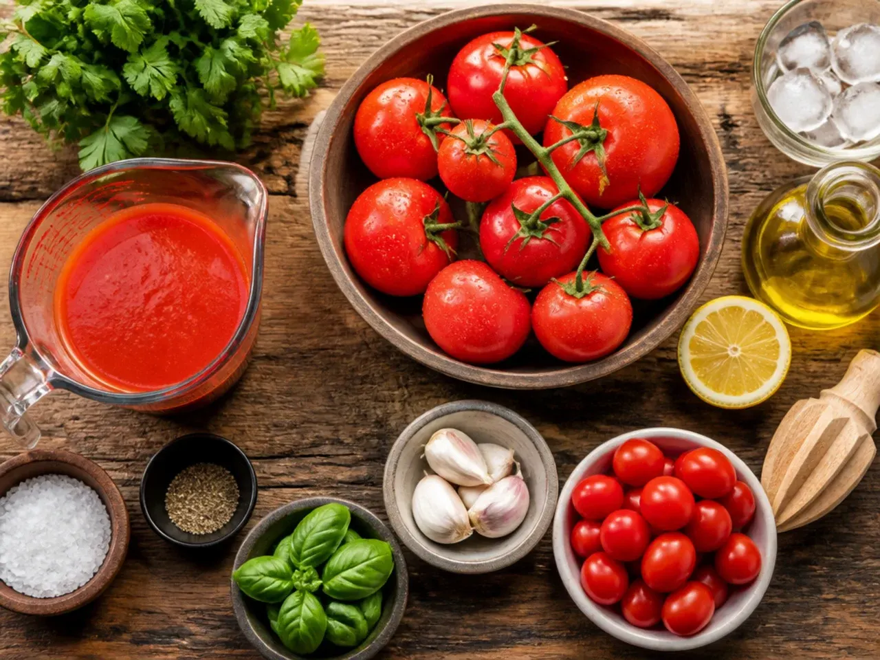 Overhead shot of a glass jug of homemade tomato juice being poured, surrounded by fresh tomatoes, lemon halves, and a sieve