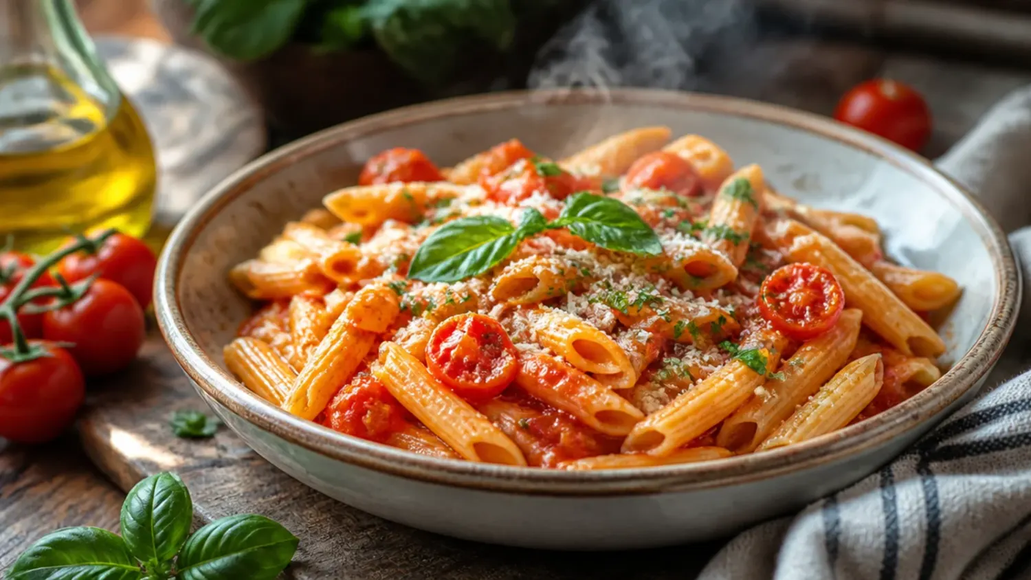 Overhead shot of a large bowl of tomato pasta twisted around a fork, topped with fresh basil and grated parmesan