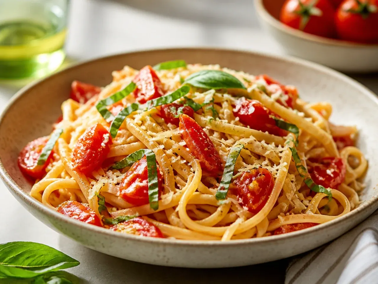 Overhead shot of a bowl of tomato pasta twirled with fresh basil and grated parmesan