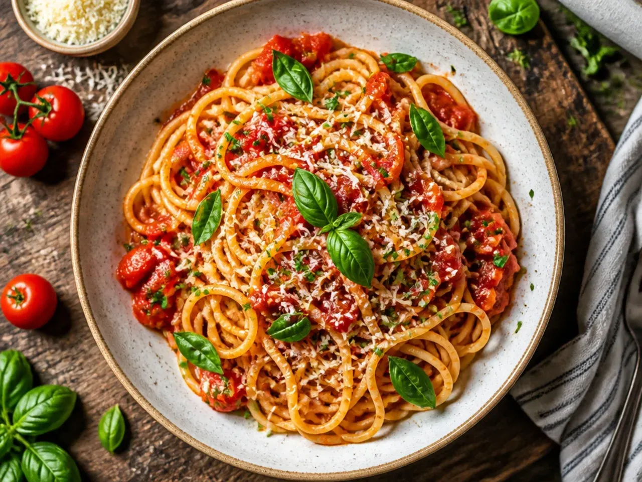 Classic tomato and basil spaghetti twirled on a fork with grated parmesan on top