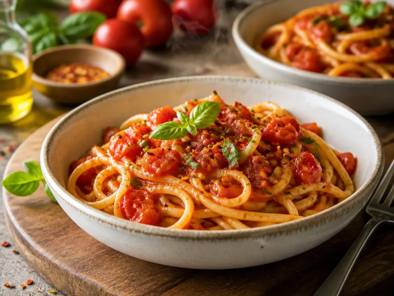 Simple garlic tomato pasta in a skillet with five basic ingredients laid out beside it