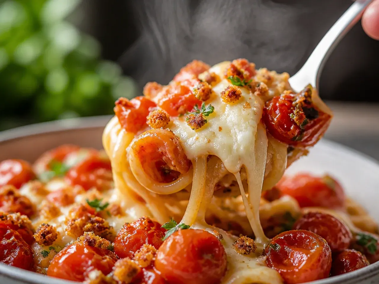 Fresh cherry tomato pasta topped with a torn ball of creamy burrata