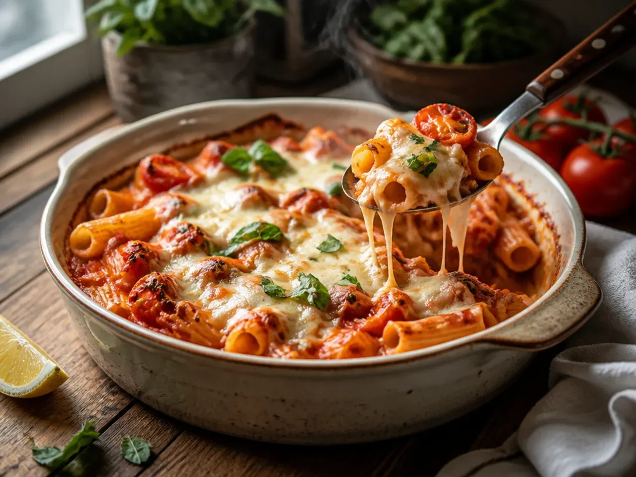 Baked tomato and mozzarella pasta bubbling in a ceramic dish fresh from the oven