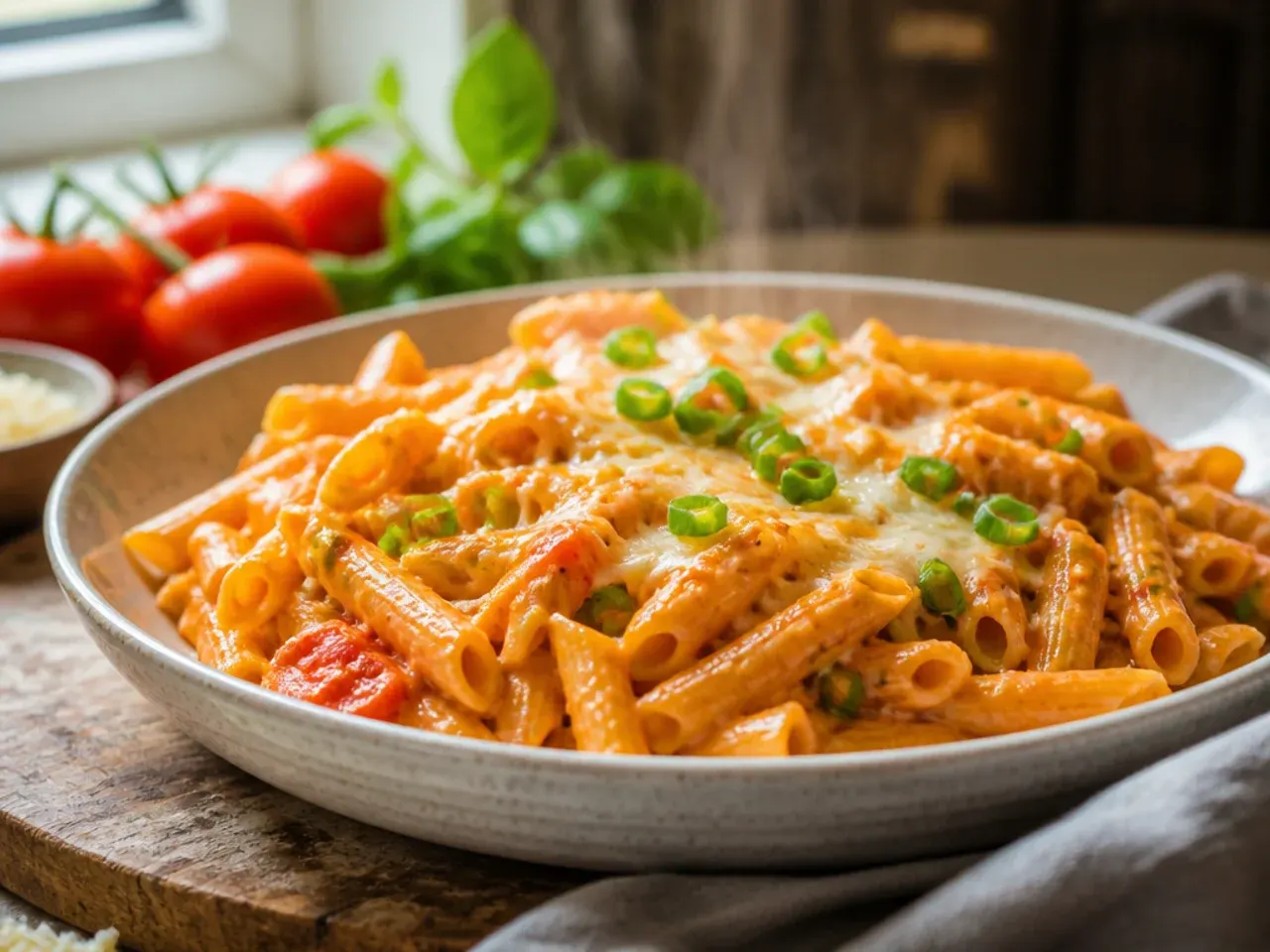 Creamy rosy tomato and mascarpone penne in a white bowl