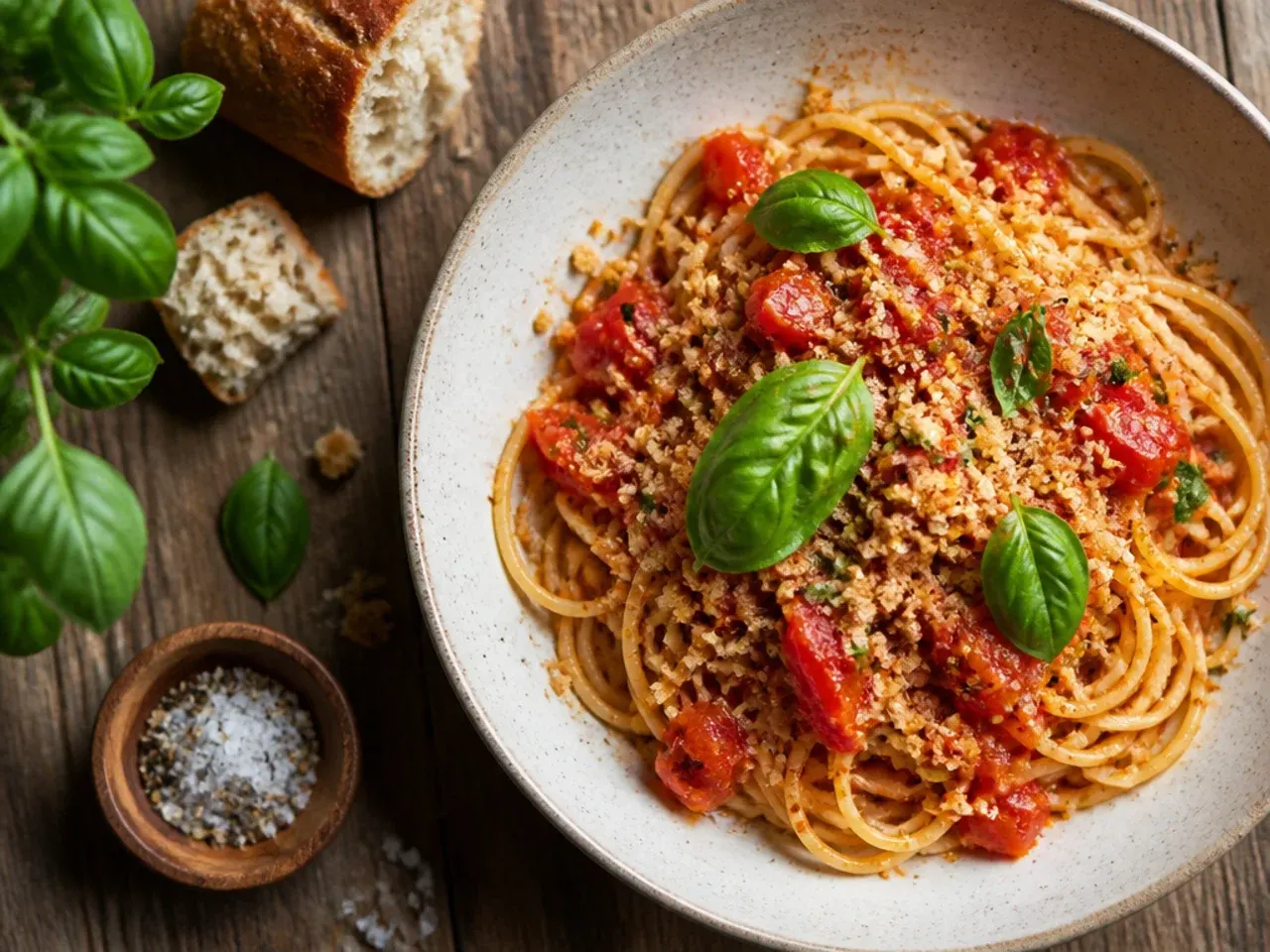 Simple olive oil and burst cherry tomato spaghetti in a skillet