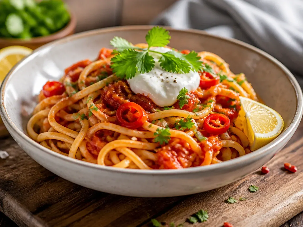 Zesty lemon and chilli tomato pasta garnished with lemon zest and mint ribbons