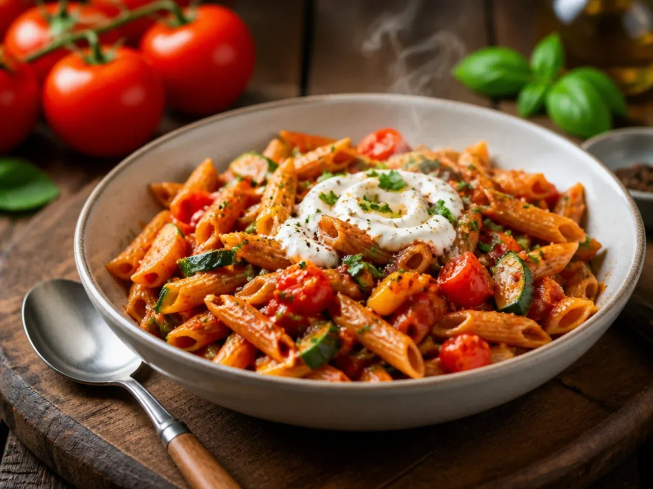 Wholewheat tomato pasta loaded with grated courgette, carrot, and wilted spinach