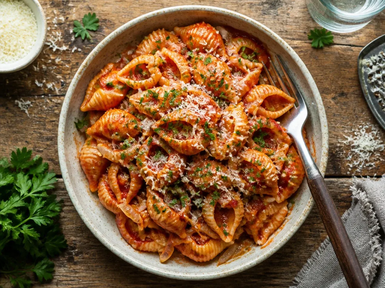 Budget tinned tomato and onion pasta served in a simple bowl