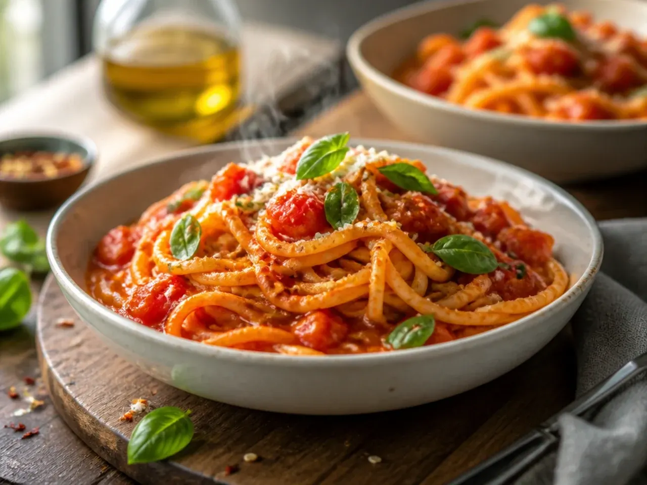 Weeknight tomato pasta being tossed together in a skillet on the stovetop