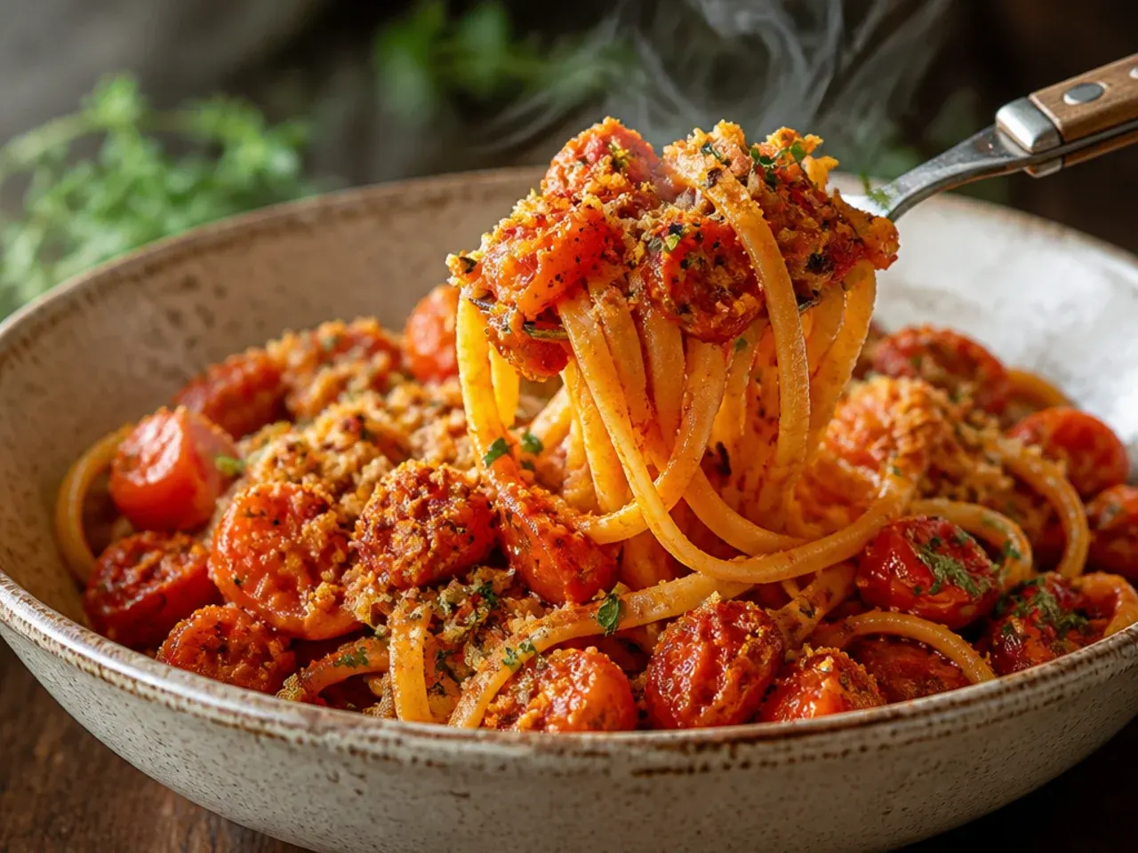 Tray of slow-roasted tomatoes with charred, collapsing skins next to a bowl of pasta