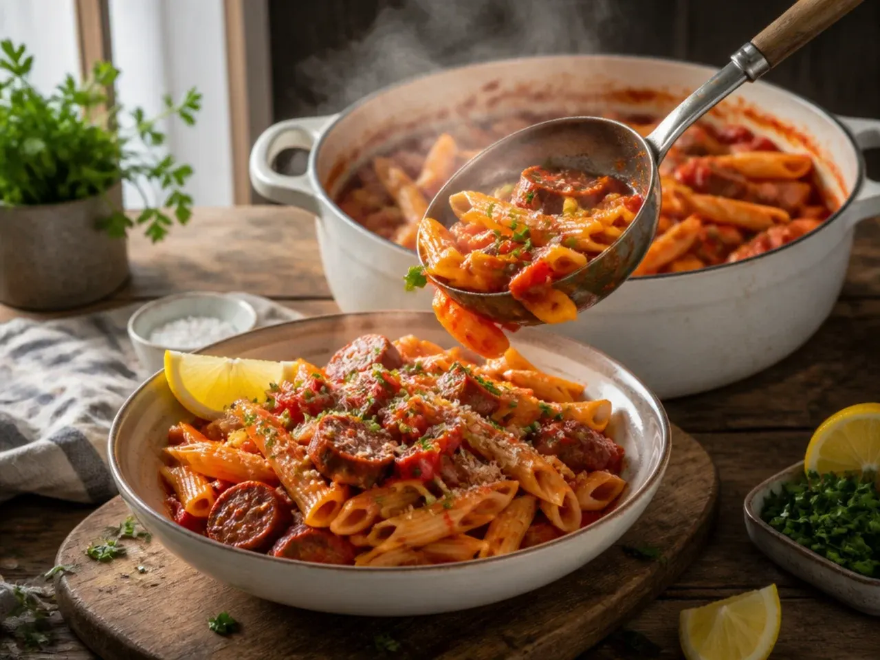 Loaded tomato pasta with sliced sausage and colourful peppers in a large pan