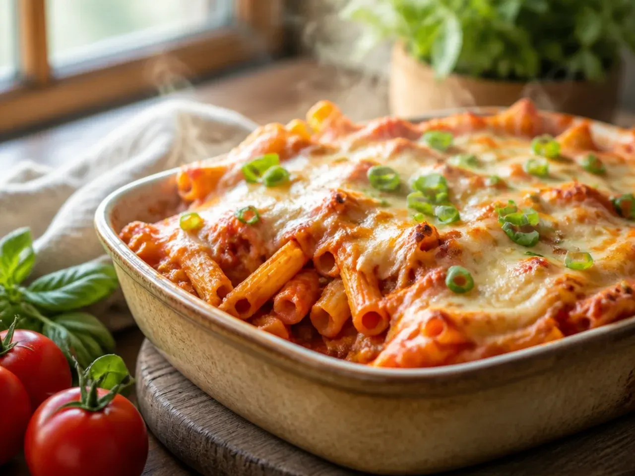 Family-size baked ziti with bubbling tomato sauce and melted mozzarella on top