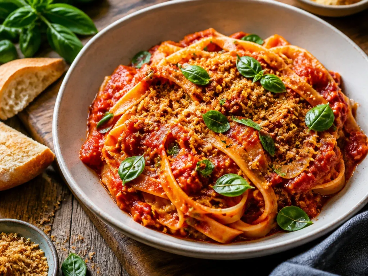 Pot of deeply reduced, glossy slow-simmered tomato sauce with a wooden spoon