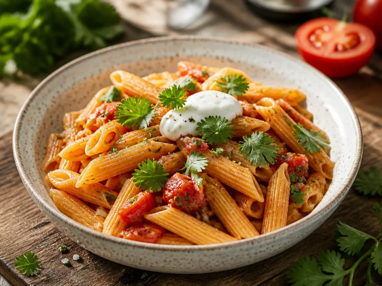 No-cook fresh tomato pasta with diced tomatoes marinating in a glass bowl