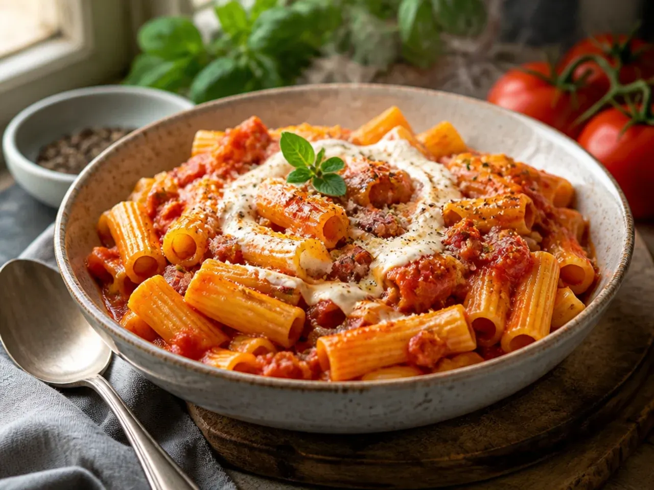 Tomato and pancetta pasta with crispy pancetta pieces and grated pecorino