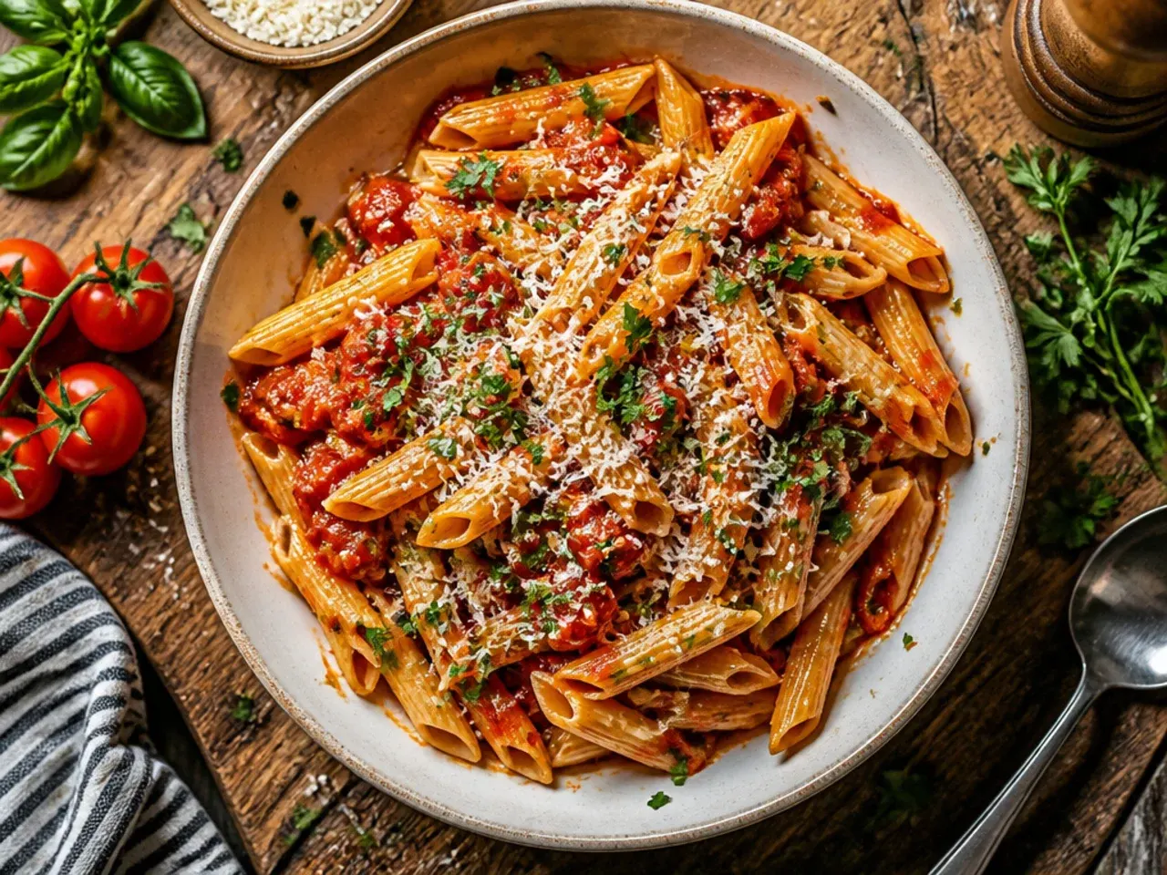 One-pot tomato pasta cooking directly in its sauce in a single deep pan