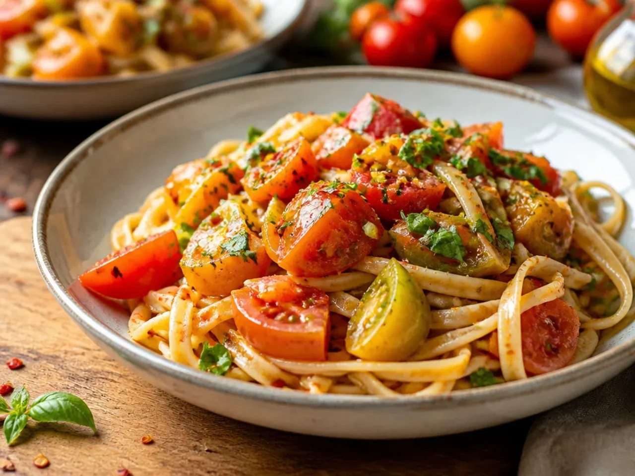 Colourful heirloom tomato and herb pasta showing red, yellow, and orange tomato pieces