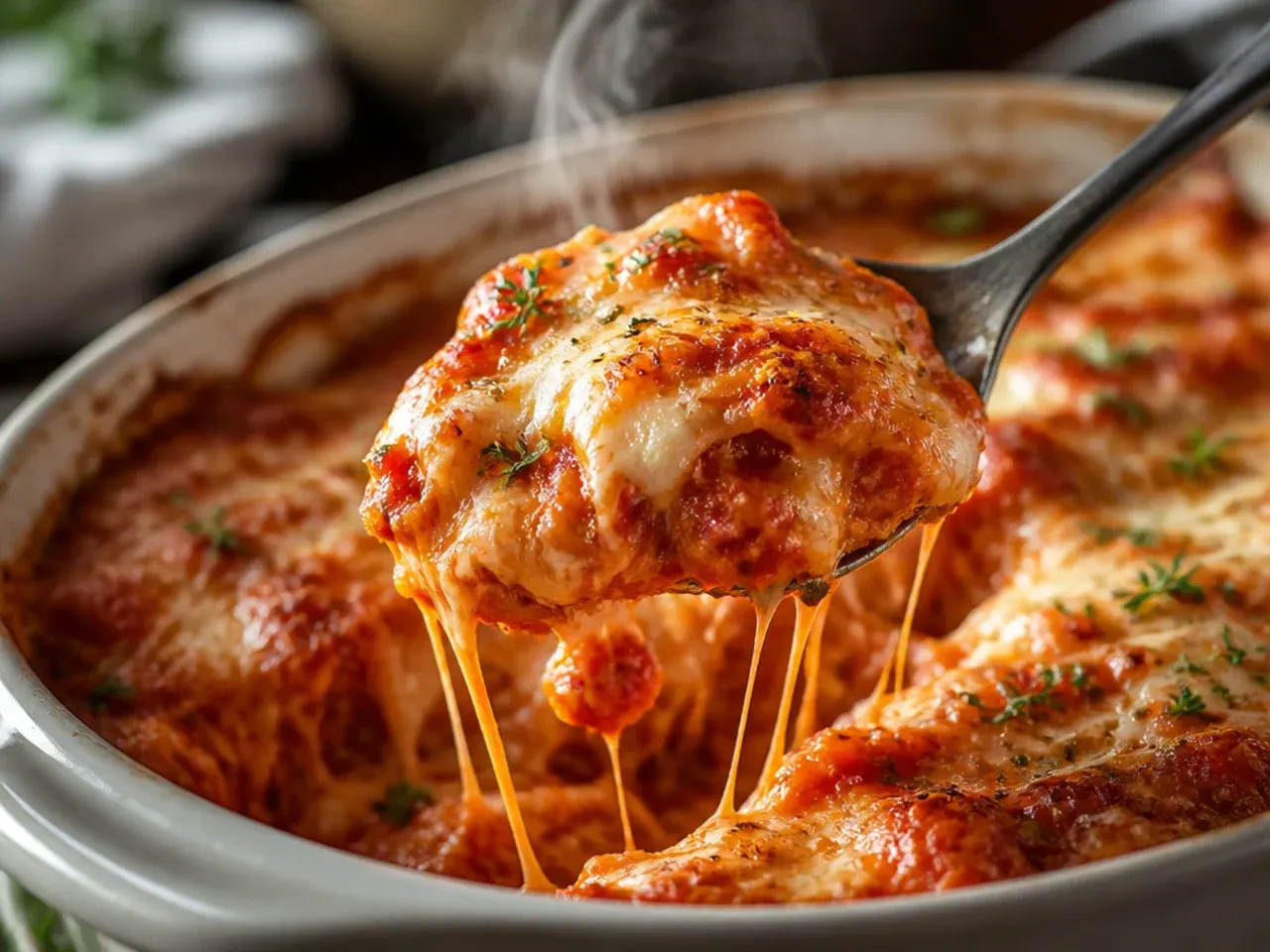 Golden baked three-cheese tomato pasta bake with a cheese pull being lifted out