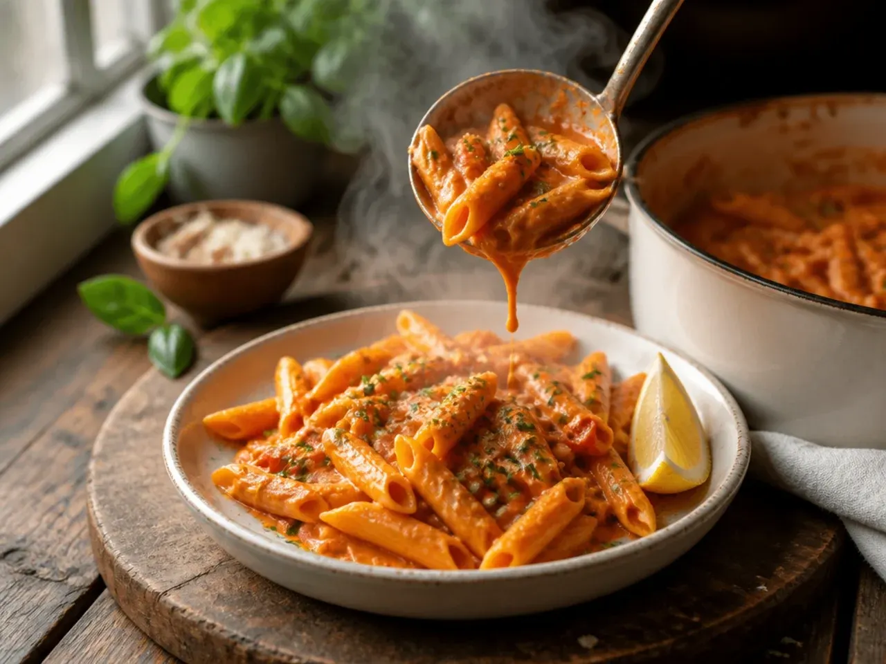 Creamy pink vodka tomato pasta swirled in rigatoni shapes