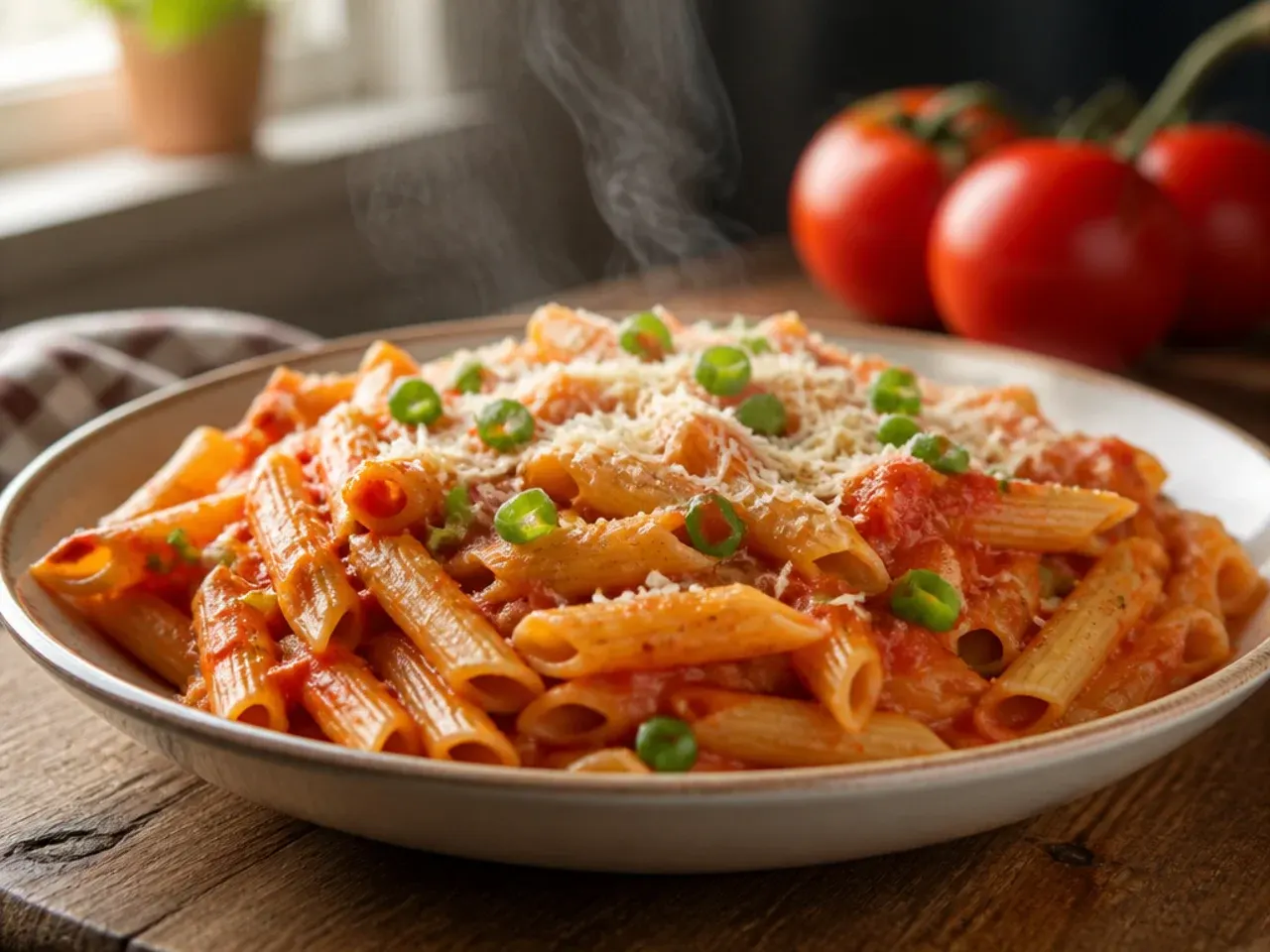 Glossy garlic butter tomato pasta with a knob of butter melting on top