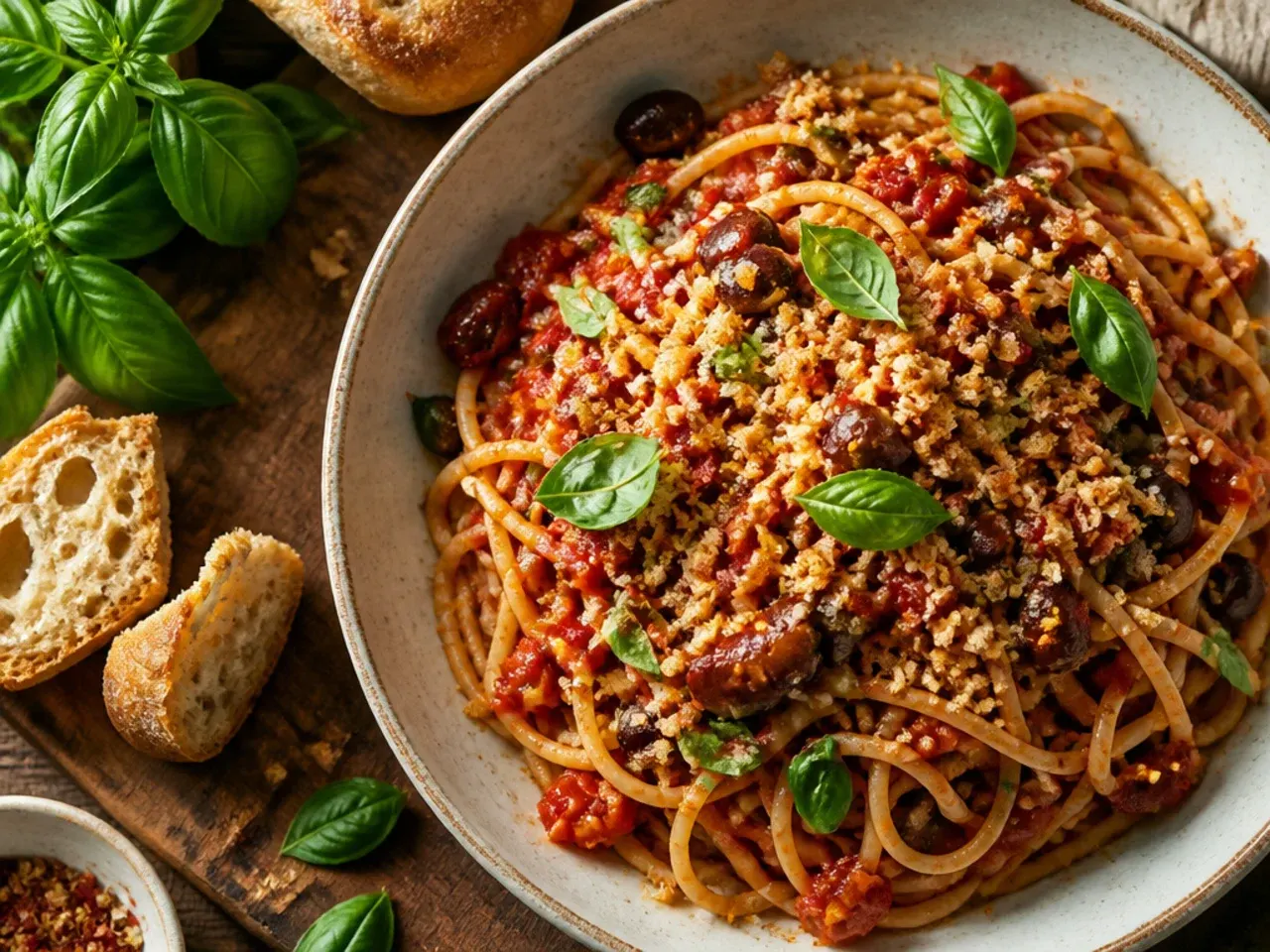 Zesty tomato pasta studded with sun-dried tomatoes, olives, and crumbled feta