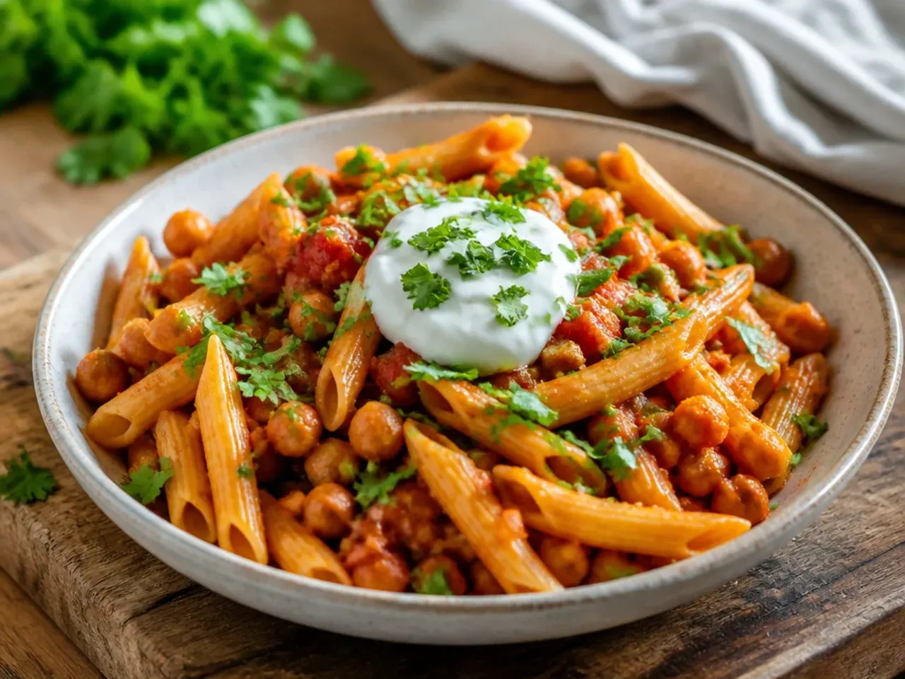 Wholesome chickpea and tomato pasta topped with fresh parsley