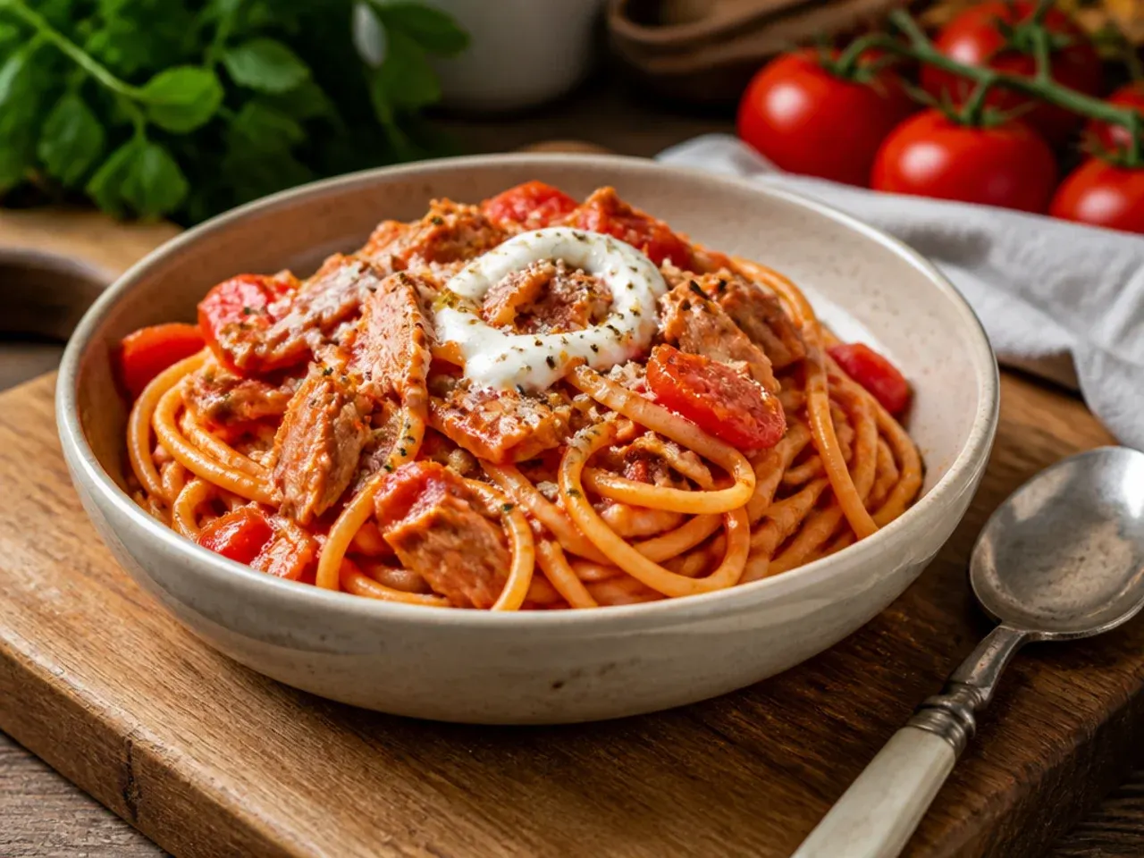 Budget tomato and tuna pasta with visible flakes of tuna through the sauce