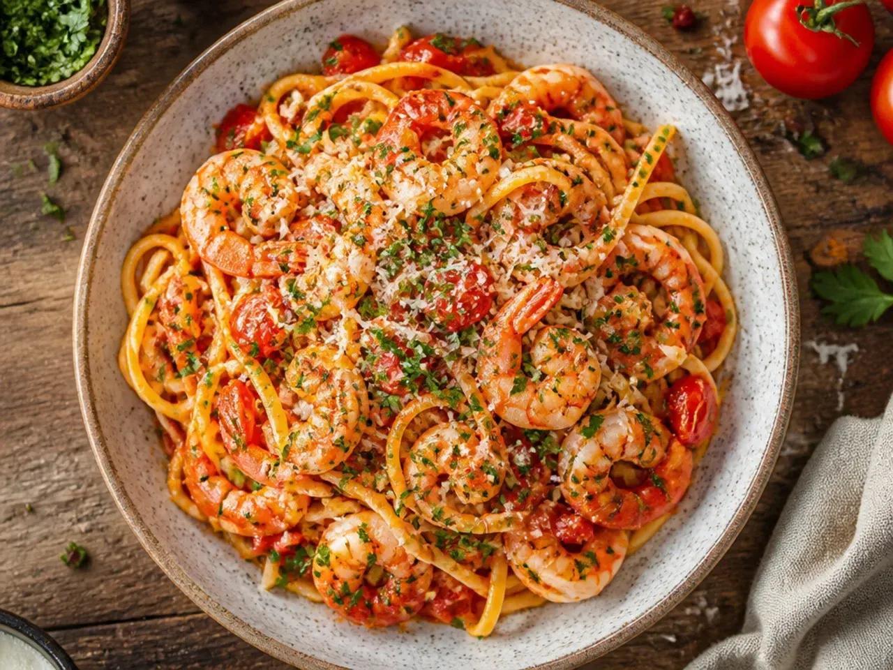 Speedy tomato and prawn pasta with pink prawns nestled through the sauce