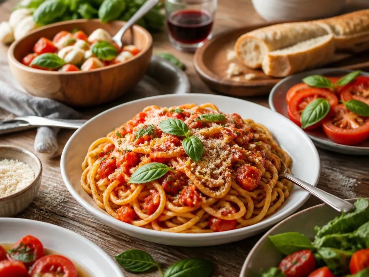 Table spread of tomato pasta served with garlic bread and a green salad