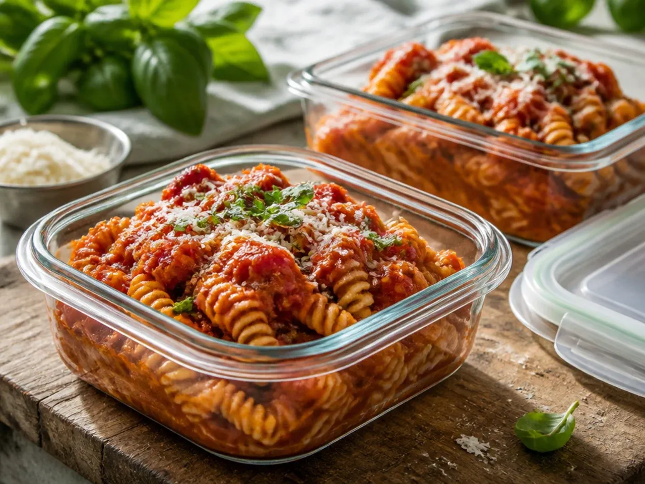 Airtight container of leftover tomato pasta ready to be stored in the fridge