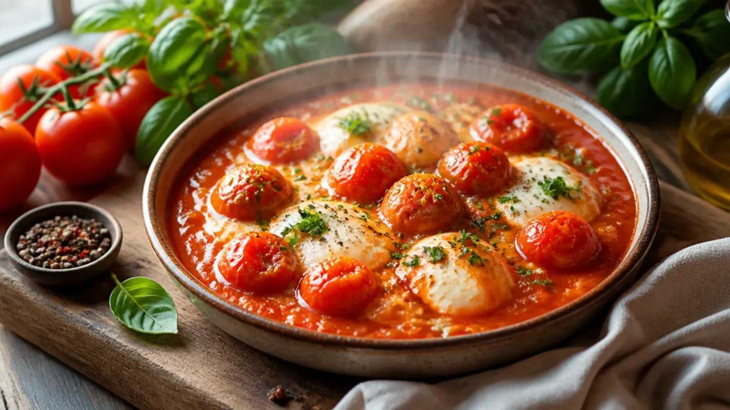 A rustic wooden table scattered with fresh red tomatoes, a bowl of roasted tomato pasta sauce, and a small dish of torn basil leaves.