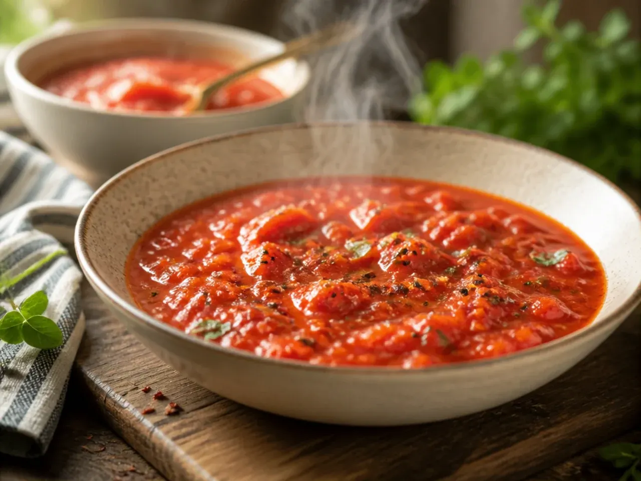 Chopped fresh tomatoes simmering in a shallow pan with garlic and olive oil.