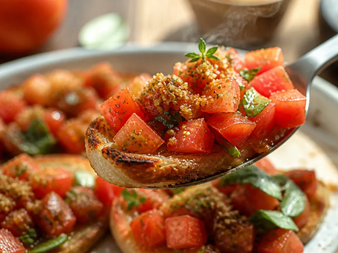 Toasted sourdough slices topped with diced fresh tomato and basil bruschetta.
