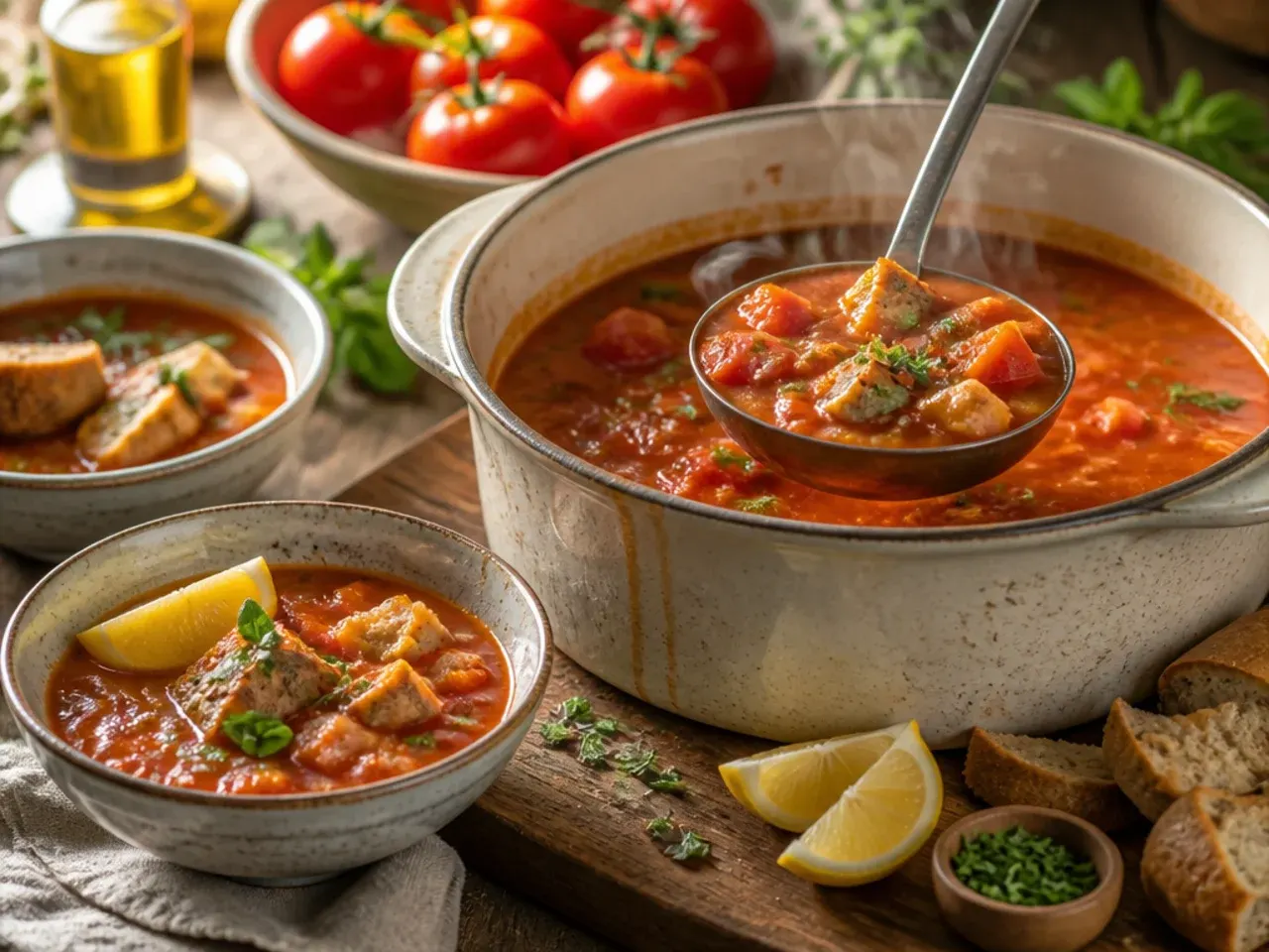 Bowl of thick tomato and bread soup topped with a swirl of olive oil and basil.