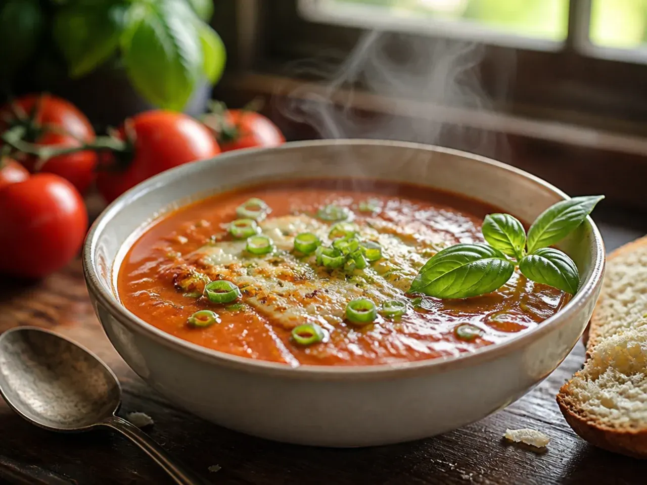 Creamy orange-red tomato soup in a white bowl with a swirl of cream and a basil leaf garnish.