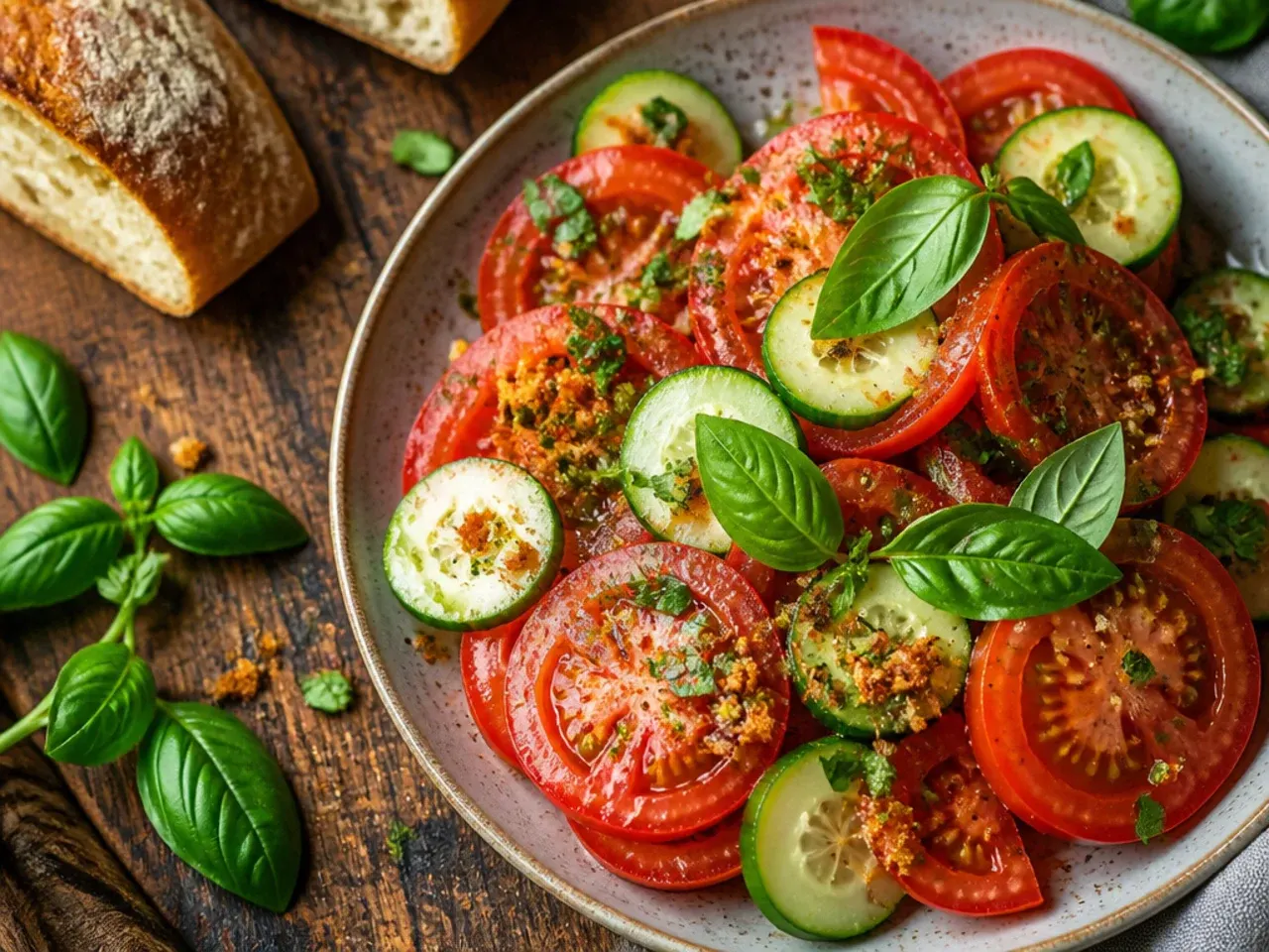 Bowl of chopped tomato and cucumber salad with red onion and a light vinaigrette.