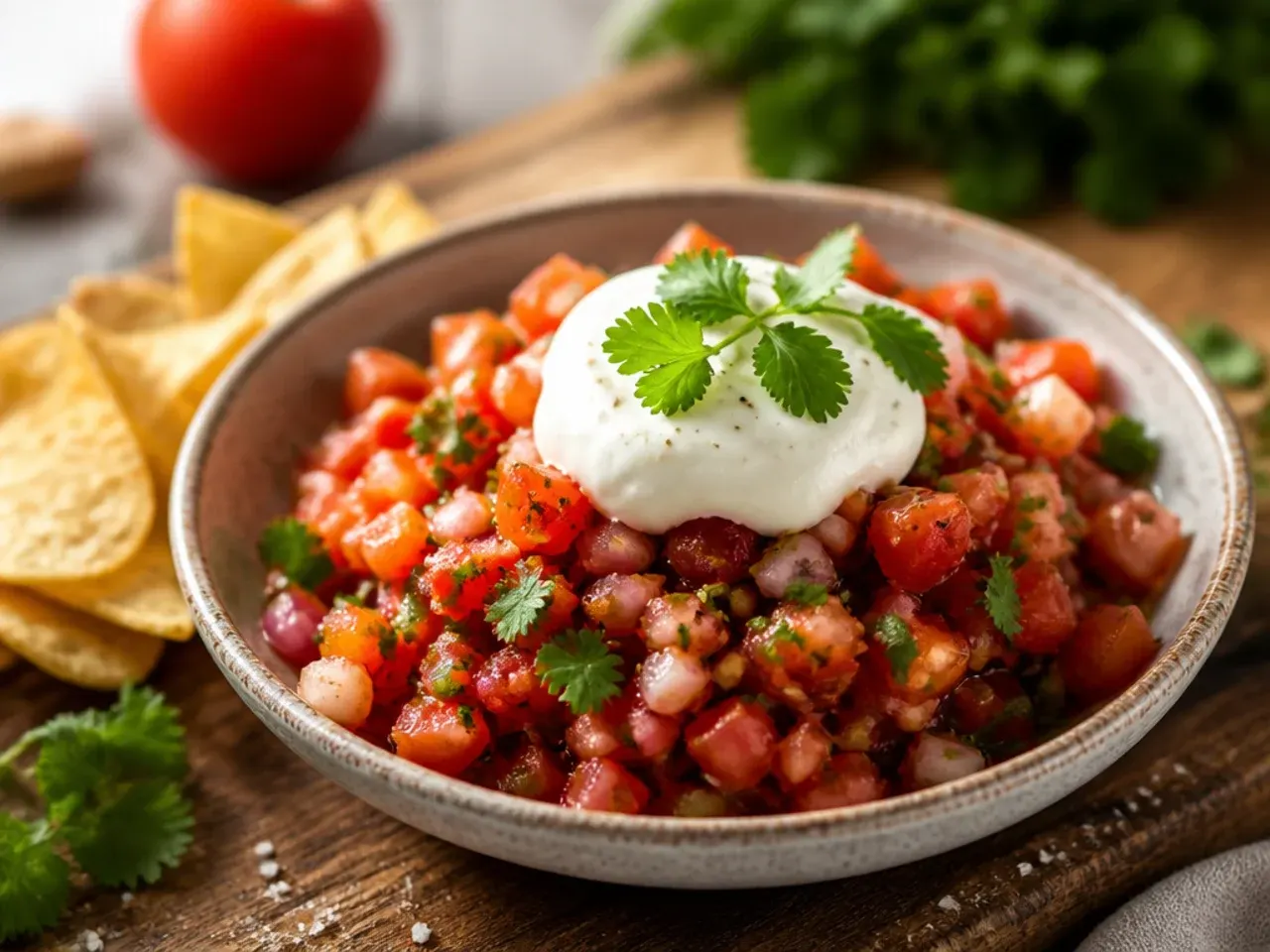 Bowl of fresh red tomato salsa with diced onion, coriander and lime wedges.