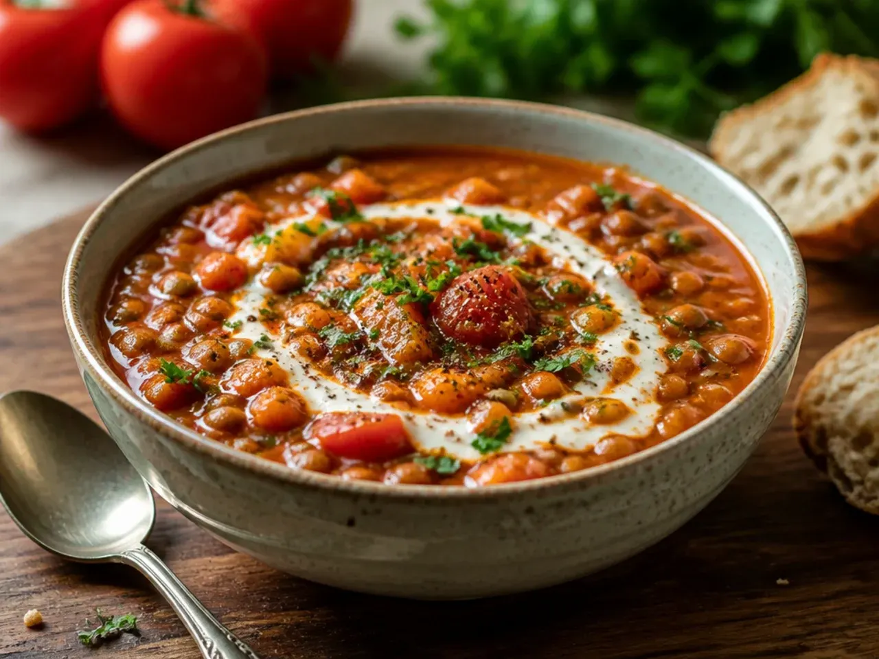 Pot of tomato and lentil stew with visible carrot and celery pieces.