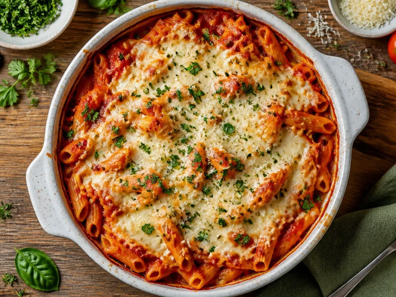 Baking dish of tomato pasta bake with a golden, bubbling cheese topping.
