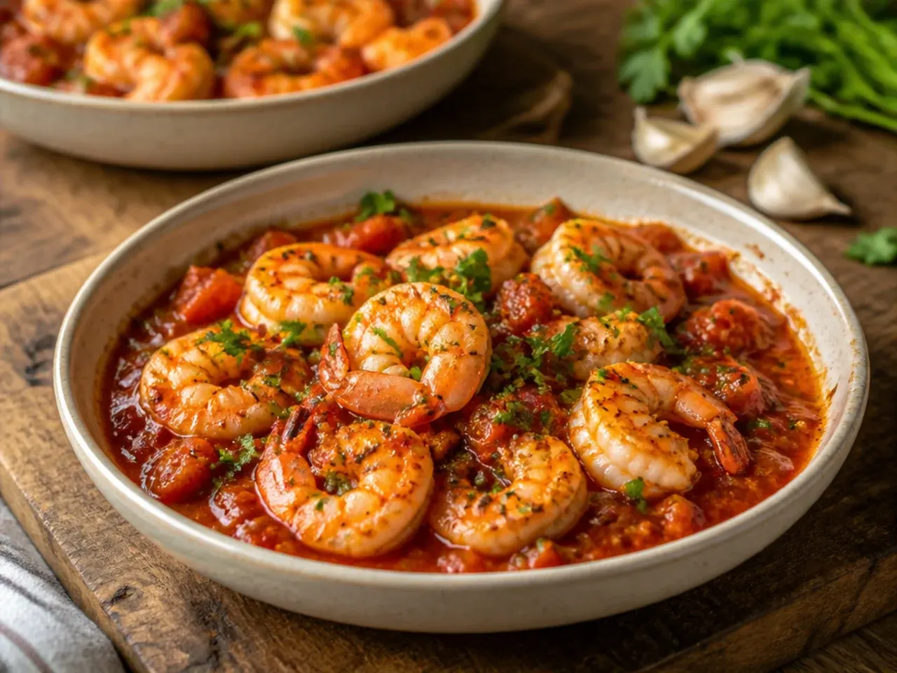 Skillet of prawns in a fresh tomato and garlic sauce with parsley garnish.