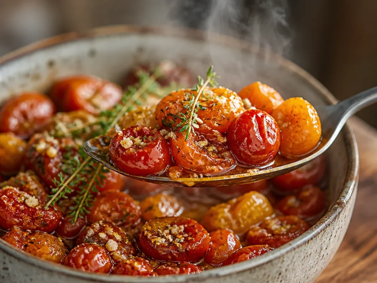 Tray of shrivelled, jammy cherry tomatoes in oil with garlic cloves and thyme sprigs.